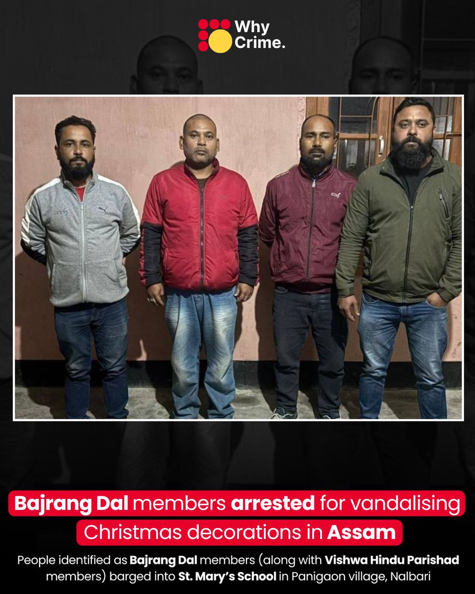 WhyNeews's tweet photo. Bajrang Dal members arrested for vandalising Christmas decorations in Assam.

1. Bhaskar Deka (VHP Nalbari district secretary)
2. Manash Jyoti Patgiri (VHP district vice-president)
3. Biju Dutta (VHP assistant secretary)
4. Nayan Talukdar (Bajrang Dal district convenor) https://t.co/NZRk90zkn6