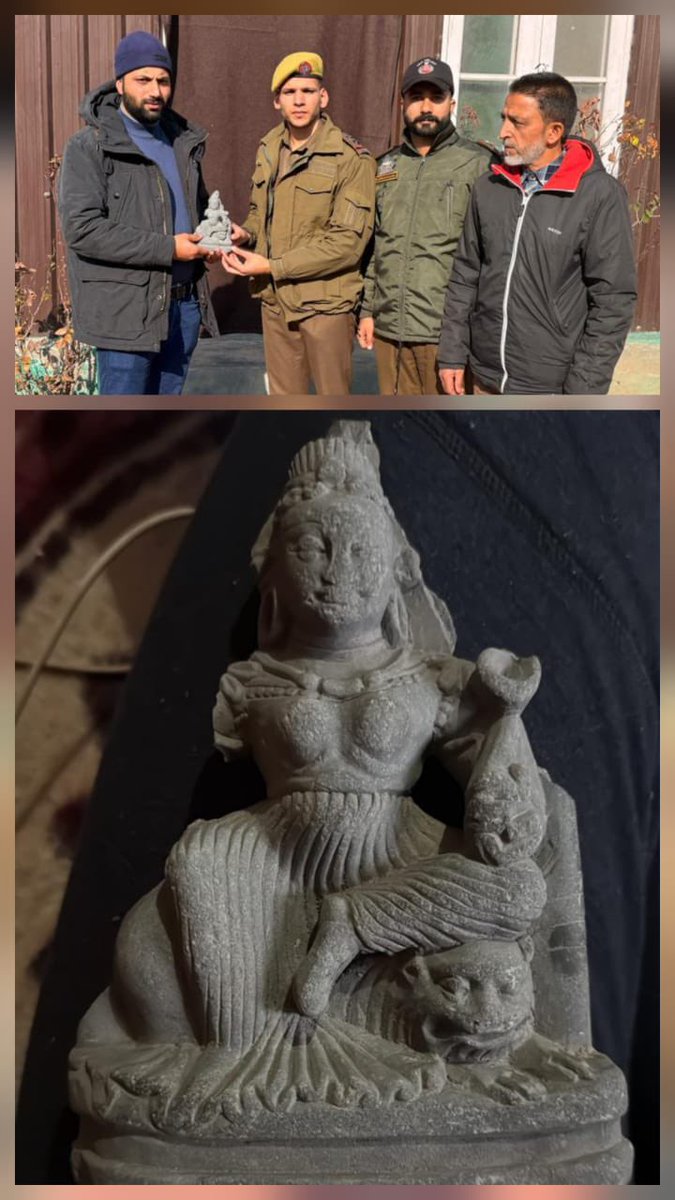 AdityaRajKaul's tweet photo. Ancient Goddess Durga Mata Sculpture Found in Kashmir Valley 

PRESS RELEASE

*Baramulla Police has facilitated the safe handover of a stone sculpture recovered from River Jhelum for its preservation and conservation.*

*Baramulla, 26 December 2025*

On 25 December 2025, a fisherman identified as Nazir Ahmad Latoo S/o Ghulam Mohammad Latoo, R/o Shaltang/Zogyar, reported to Police Station Sheeri, Baramulla, that he had recovered a stone sculpture while fishing in River Jhelum. The sculpture was immediately brought to the notice of police authorities and kept in safe custody at Police Station Sheri.

Subsequently, on 26 December 2025, following due procedure and official directions from the Directorate of Archives, Archaeology & Museums, J&K, the said stone sculpture—identified as Goddess Durga—was formally handed over by Baramulla Police to officials of the Archaeology Wing, Srinagar through a proper handover/takeover process.

Baramulla Police reiterates its commitment to the protection of cultural heritage and urges citizens to promptly inform authorities about any such discoveries of historical or archaeological importance.