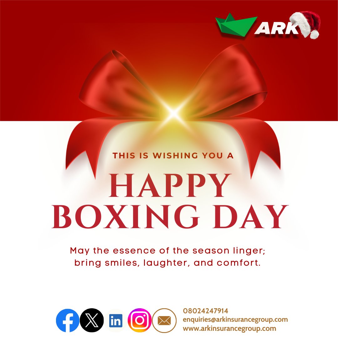 Ark_Insurance's tweet photo. Happy Boxing Day!
Wishing you a relaxing Boxing Day filled with good cheer and well-deserved rest.
Happy Boxing Day!
#Christmasseason #BoxingDay #TGIF #arkinsurancebrokers https://t.co/czj49jTflT