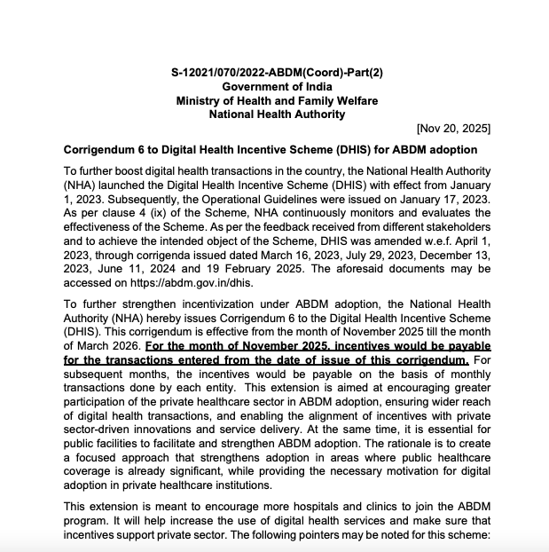 AyushmanNHA's tweet photo. #NHAannouncements
Digital Health Incentive Scheme under #ABDM has been extended till March 26, 2026.
This extension will further galvanise health facilities to embrace the digital prerequisites essential for their operations.
Click for details:
https://t.co/i8423erITN https://t.co/nYFs1UbPlB
