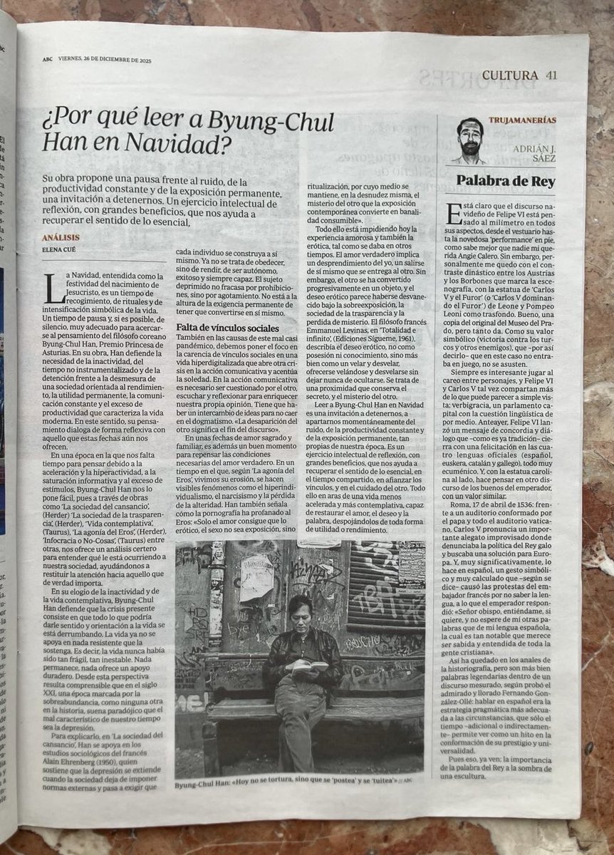 Mi artículo de hoy en el Periódico ABC. ¿Por qué leer a Byung-Chul Han en Navidad?. <a href="/abc_cultura/">ABC Cultura</a> 
abc.es/noticias/leer-…