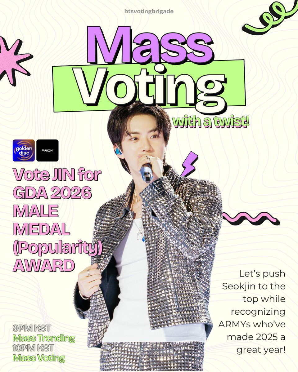 📢MASS VOTING FOR GDA MALE MEDAL AWARD happens tonight!

This is not just a normal mass voting 👀 Tonight, we will push JIN to the top while recognizing our ARMY fellows who've made 2025 a great year!

REMEMBER THE GOAL: Reach as many ARMYs as possible🎯

More instructions later!