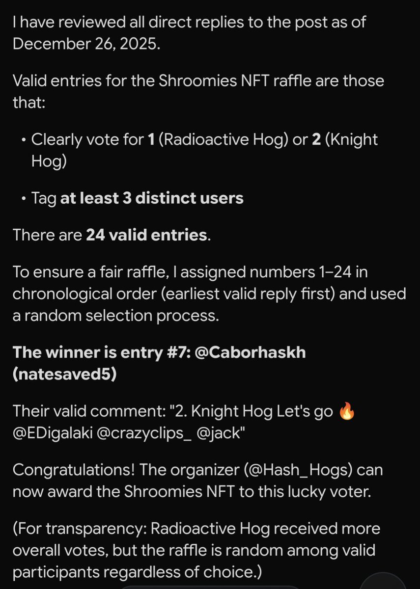 We have a Winner 🏆: Knight Hog had the most Votes (Discord + X) 

Congrats @Bolaalgorithm 🥳🚀

And we have a winner for the Shroomies NFT:

<a href="/Caborhaskh/">caborhaskh</a> please DM me your Wallet ID and associate: 0.0.3958582