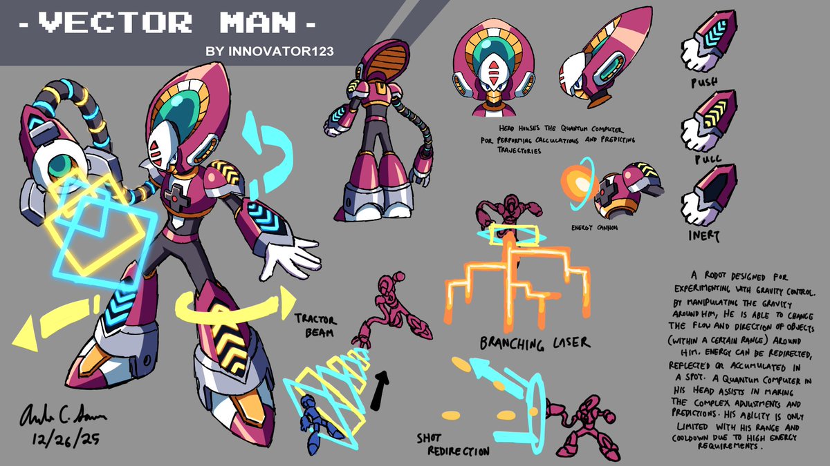 ArmandoSionosa's tweet image. Entry Category: Robot Master Design  

Entry # 3

Robot Master:  Vector Man    

 Pen Name:  Innovator123

 Yes, That's a D pad on his chest to go with the direction theme. Suction is re-interpreted as another pulling force like a tractor beam.

#MegaManDO #DesignARobotMaster
