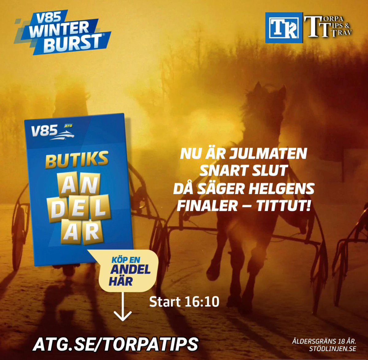 𝐀𝐋𝐋𝐀 𝐑Ä𝐓𝐓 𝐇𝐎𝐒 𝐎𝐒𝐒 𝐈 𝐆Å𝐑 - 𝐍𝐘𝐀 𝐕𝟖𝟓 𝐂𝐇𝐀𝐍𝐒𝐄𝐑 𝐈 𝐃𝐀𝐆! 🥳💰

300 000 kronor in och 9 700 kronor per andel i går👌🏻💰

Nya lopp i dag 🐴

⏰ Spelstopp V85: klockan 16.10

👉🏻 Här finns våra spel till omgången: atg.se/torpatips/V85_… 👈🏻