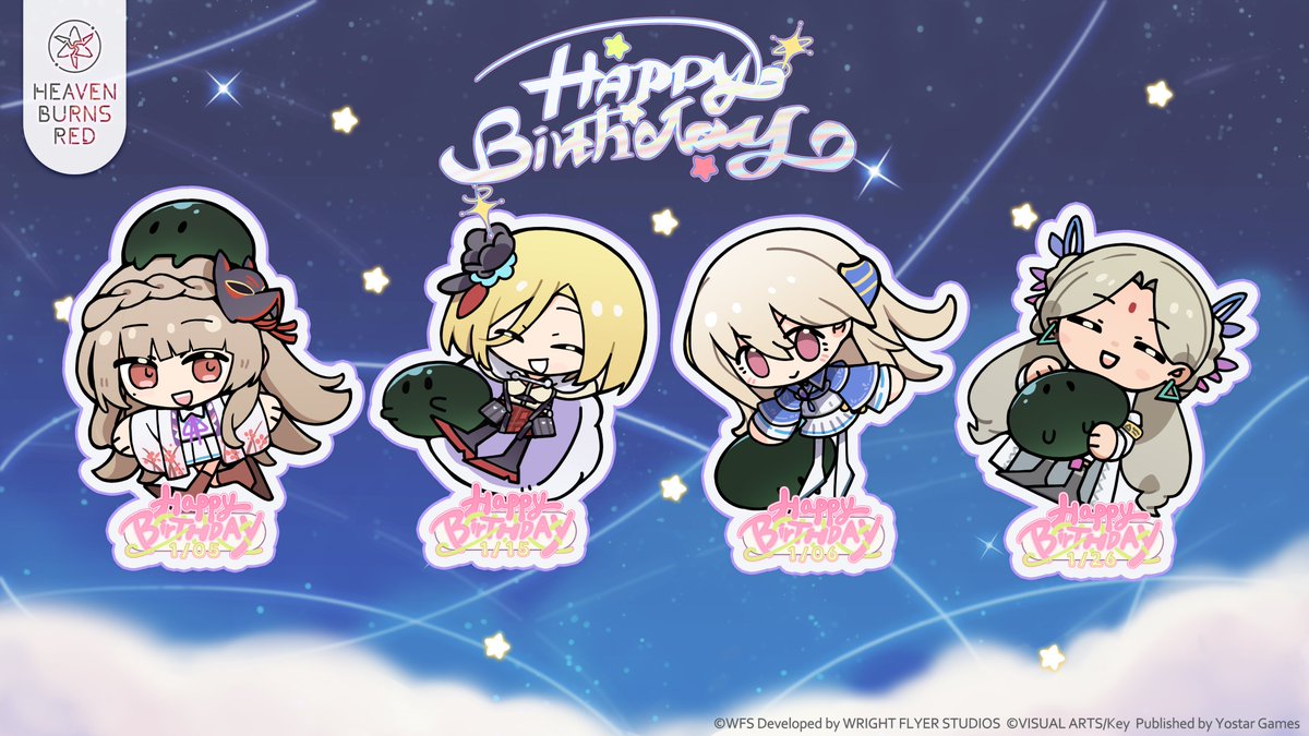 hbr_official_en's tweet image. Happy Birthday to our January stars! ✨
Cheers to Miya, Ichigo, Yuina, and Vritika.
Drop your birthday wishes below! 💖
#HeavenBurnsRed #Yostar #hbrHB