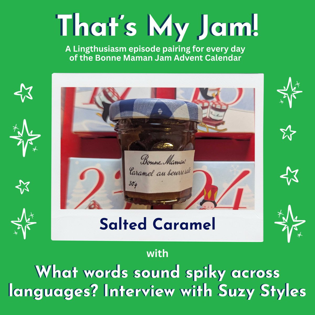 lingthusiasm's tweet photo. Day 25 of #ThatsMyJam!

Salted Caramel, with What words sound spiky across languages? Interview with Suzy Styles

You can listen to us get enthusiastic about how language interacts with your other senses like vision and touch here: https://t.co/pXmOkucwGU https://t.co/oqSWEB3Uhb