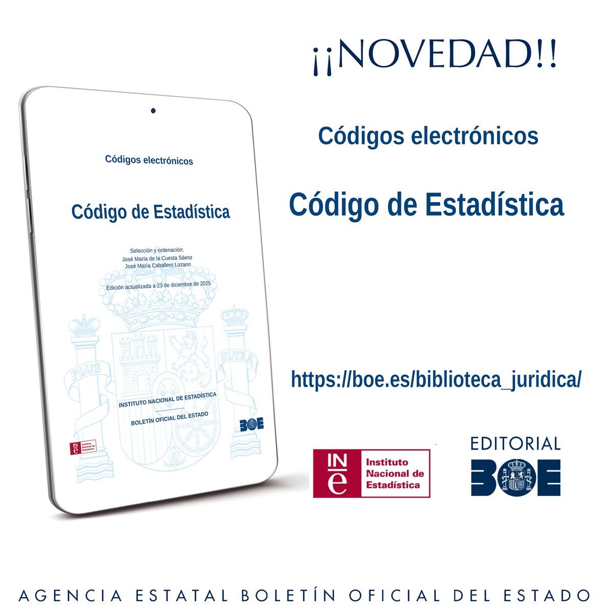 boegob's tweet photo. Nuevo #CodigosBOE Código de Estadística. 182 disposiciones en permanente actualización. Gratis en PDF y EPUB. Disponible en la Biblioteca Jurídica Digital de la sede del BOE. #estadística https://t.co/jxeKPbyHO6
