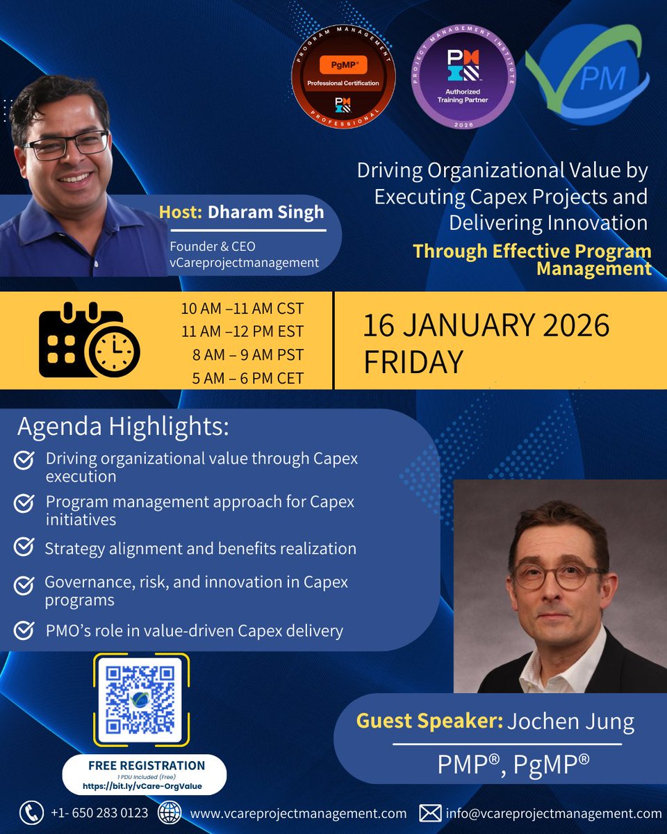 📢 Upcoming Webinar | Capex &amp; Program Management
Driving organizational value through Capex execution, innovation, and strong program governance.
🗓️ 16 Jan 2026 | 🎓 Earn 1 PDU
🔗 PgMP Live: bit.ly/pgmponline

#ProgramManagement #Capex #Leadership