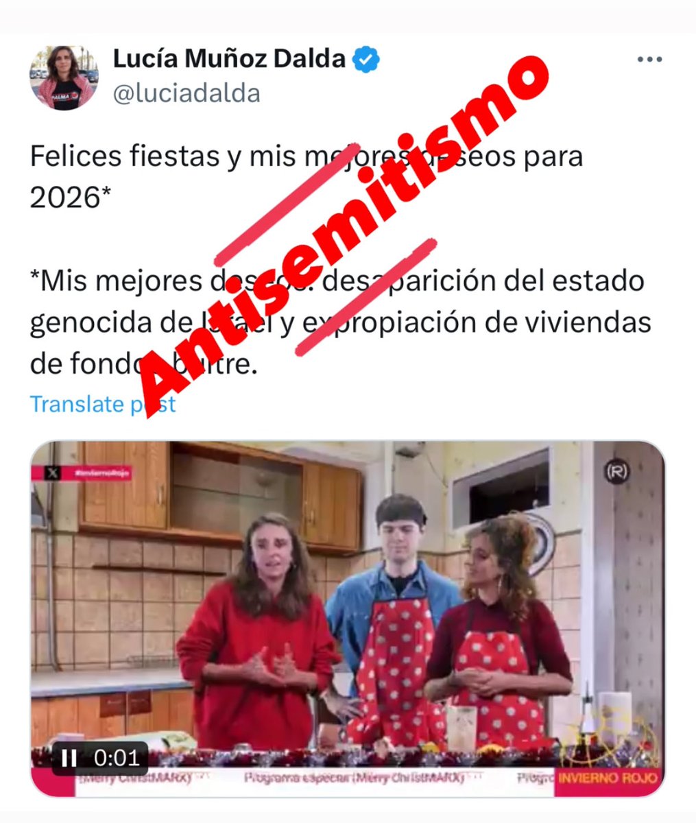 DanaErlich's tweet image. Mi deseo para el 2026 es que no haya ni legitimidad ni espacio para el antisemitismo en la política española.

Para que quede claro, según la definición de antisemitismo de la IHRA, adoptada también por España:
Negar la existencia o pedir la desaparición de Israel, no es una…
