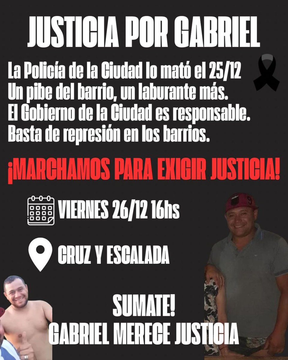 CORREPI's tweet image. Gatillo fácil en Lugano
La policía de la Ciudad mató a un vecino del barrio de Lugano en plena navidad.
Nos movilizamos para exigir justicia.
VIERNES 26/12 a las 16:00 en Av Cruz y Escalada.