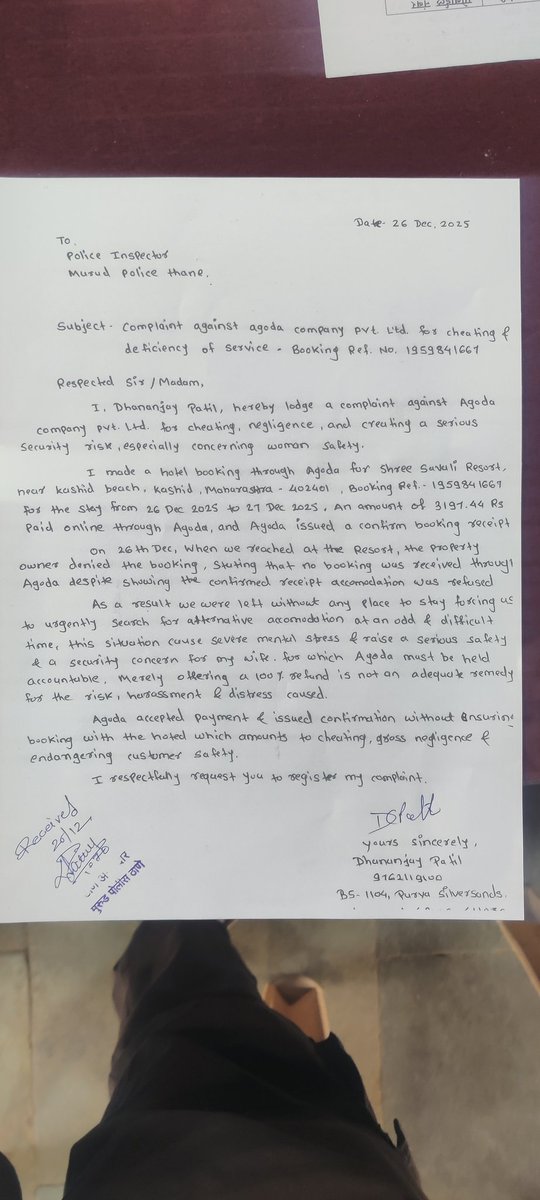 sfdcdj's tweet photo. @agoda I have formally submitted a police complaint at Murud Police Station regarding cheating&amp;fraud in booking Ref 1959841667.We were denied stay despite confirmed, prepaid booking,raising serious woman safety concerns.Looping in @MahaTourism &amp; @CMOMaharashtra for urgent action. https://t.co/5Lz3W3Jwrm