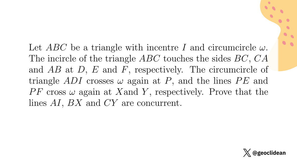 geoclidean's tweet photo. Nice trig + angle chase problem for lecturing and practice
#Trigonometry #AngleChasing #Concurrency #Geometry #RMMShortlist #Circumcircle https://t.co/tZGKG6fWUw