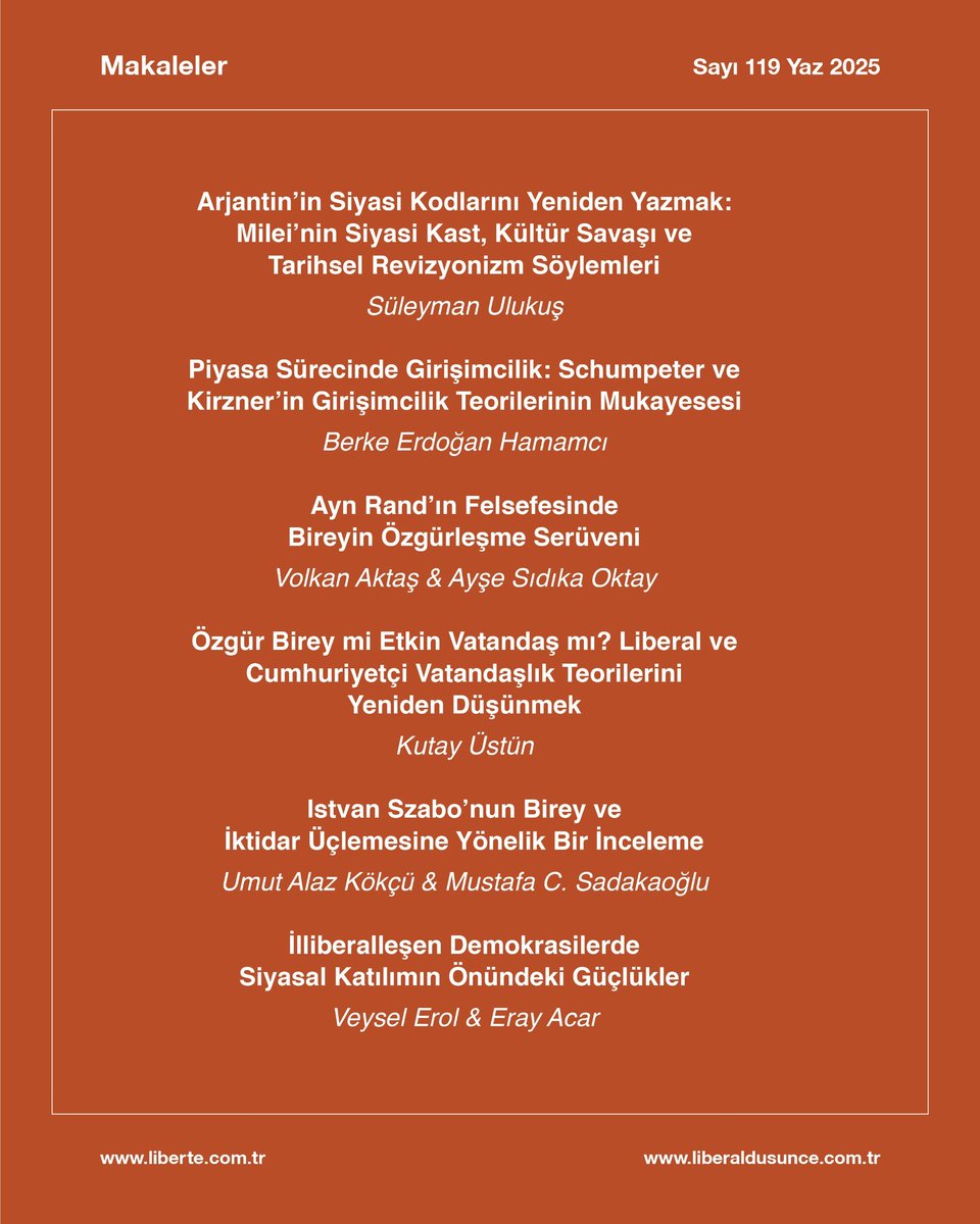 🔉Liberal Düşünce dergisi 30. Yılını tamamladı!
120. Sayısı yayınlandı!
Dergiye abone olmak ve dergiyi satın almak için liberte.com.tr sayfasını ziyaret edin.
Yazıların özetlerini derginin sayfasından okuyabilirsiniz: liberaldusunce.com.tr/liberal-dusunc…