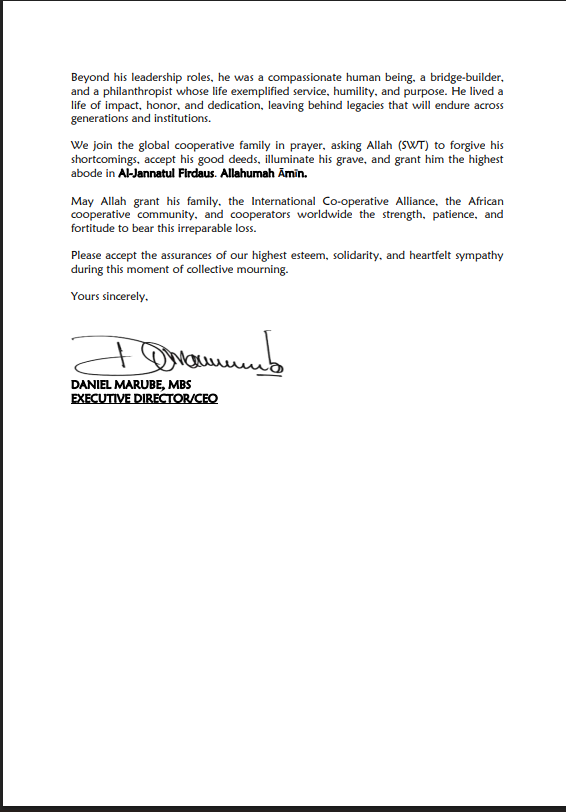 The Co-operative Alliance of Kenya (CAK) sends condolences to ICA, Africa’s cooperative fraternity, and cooperators worldwide following the passing of High Chief Tajudeen Oriyomi Ayeola.