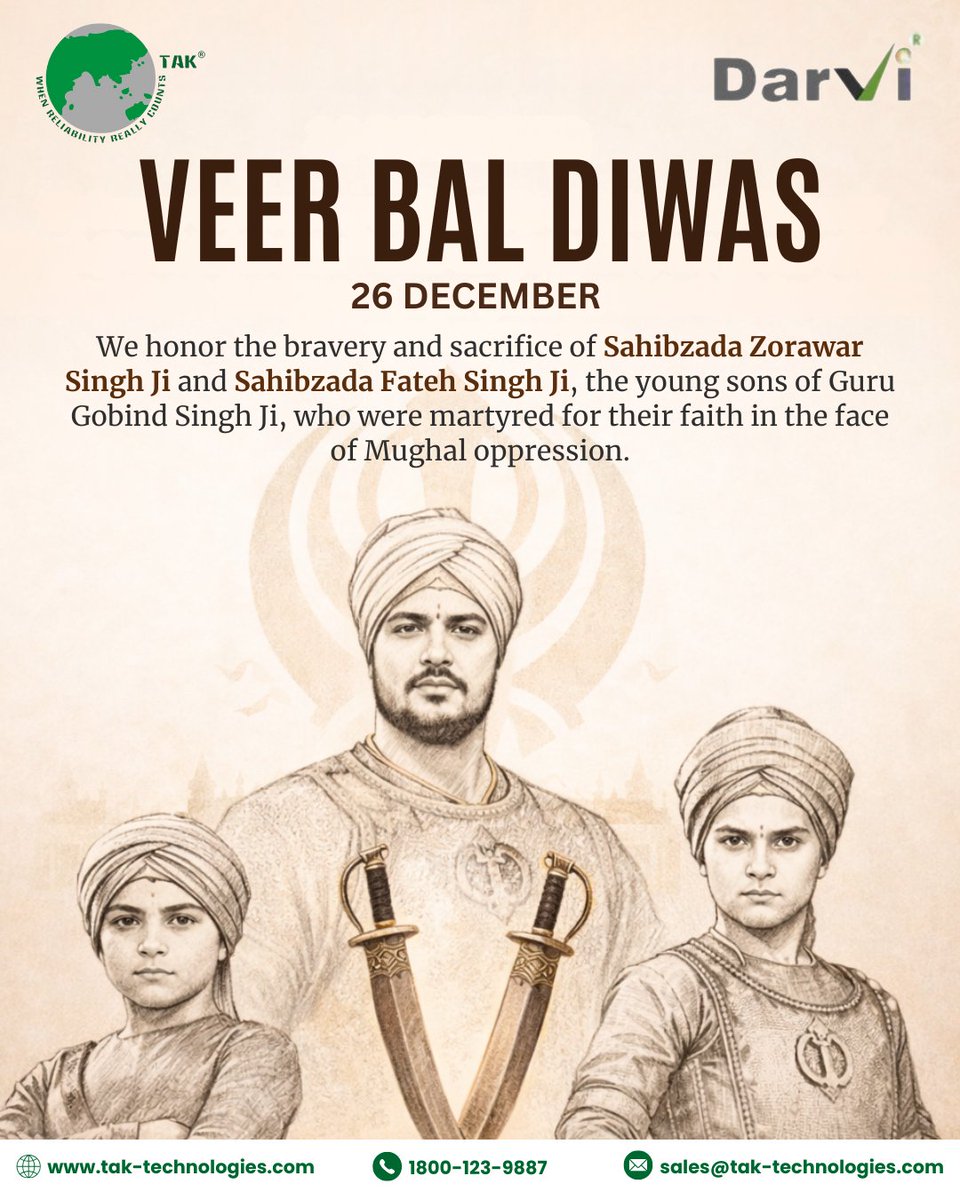 TAK_Tech_PvtLtd's tweet photo. On #VeerBalDiwas, we remember Sahibzada Zorawar Singh Ji and Sahibzada Fateh Singh Ji—young in age, unwavering in faith. Their courage and sacrifice continue to inspire us to stand for truth and integrity.
#Sahibzade   #GuruGobindSinghJi #Courage  #sacrifice https://t.co/EinMjSZ1ri