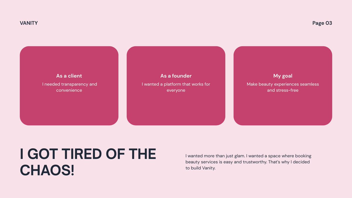 DreyCodes's tweet photo. The founder story slideshow I designed using Canva to educate you more on why vanity exists. I’ll quote the remaining slides💖 https://t.co/3gHwmLEDl3