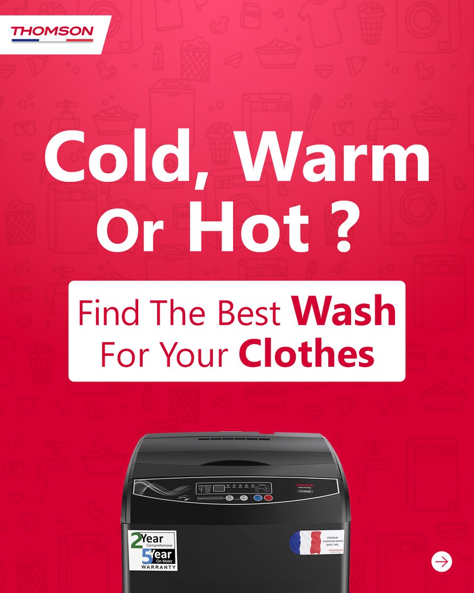 ThomsonTvIndia's tweet image. Cold, warm, or hot every fabric has its perfect match. 👕 Swipe to discover how the right wash keeps your clothes fresh, clean, and long-lasting with Thomson washing machines.
#ThomsonAppliances #SmartWashing #LaundryCare #WashRight #EveryFabricMatters