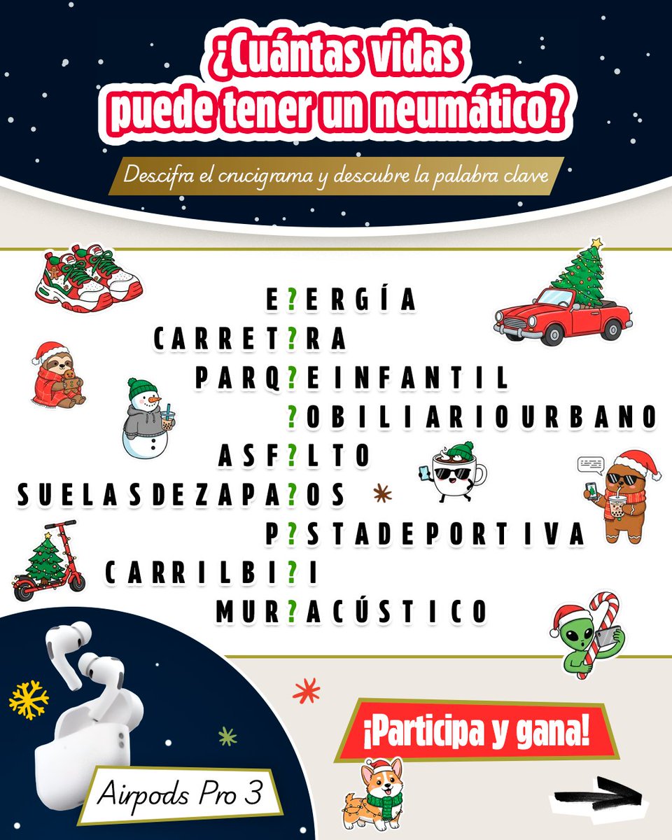 signusecovalor's tweet photo. 🎁✨ ¡Gana unos Airpos Pro 3 para escuchar tus temazos favoritos! 🎄🎶🎧

Descifra el crucigrama y descubre la palabra oculta que une todas esas segundas vidas. 😉

Participa así 👇
1️⃣ Síguenos en @signusecovalor
2️⃣ Haz RT 🔁 y like ❤️
3️⃣ Descubre la cifra completa y déjanosla en comentarios mencionando a 2 amigos

En Navidad, todos volvemos a casa.
Y lo bonito es que, igual que tú, los neumáticos también vuelven cuando dejan de rodar.
Vuelven a tu vida convertidos en muuuuchas cosas.

¡Descubre más en el primer comentario!

⏳ Tienes hasta el 1 de enero a las 23:55h CET para participar y entre todos los que acertéis sorteamos unos Airpods Pro 3 🎧🎅🎄