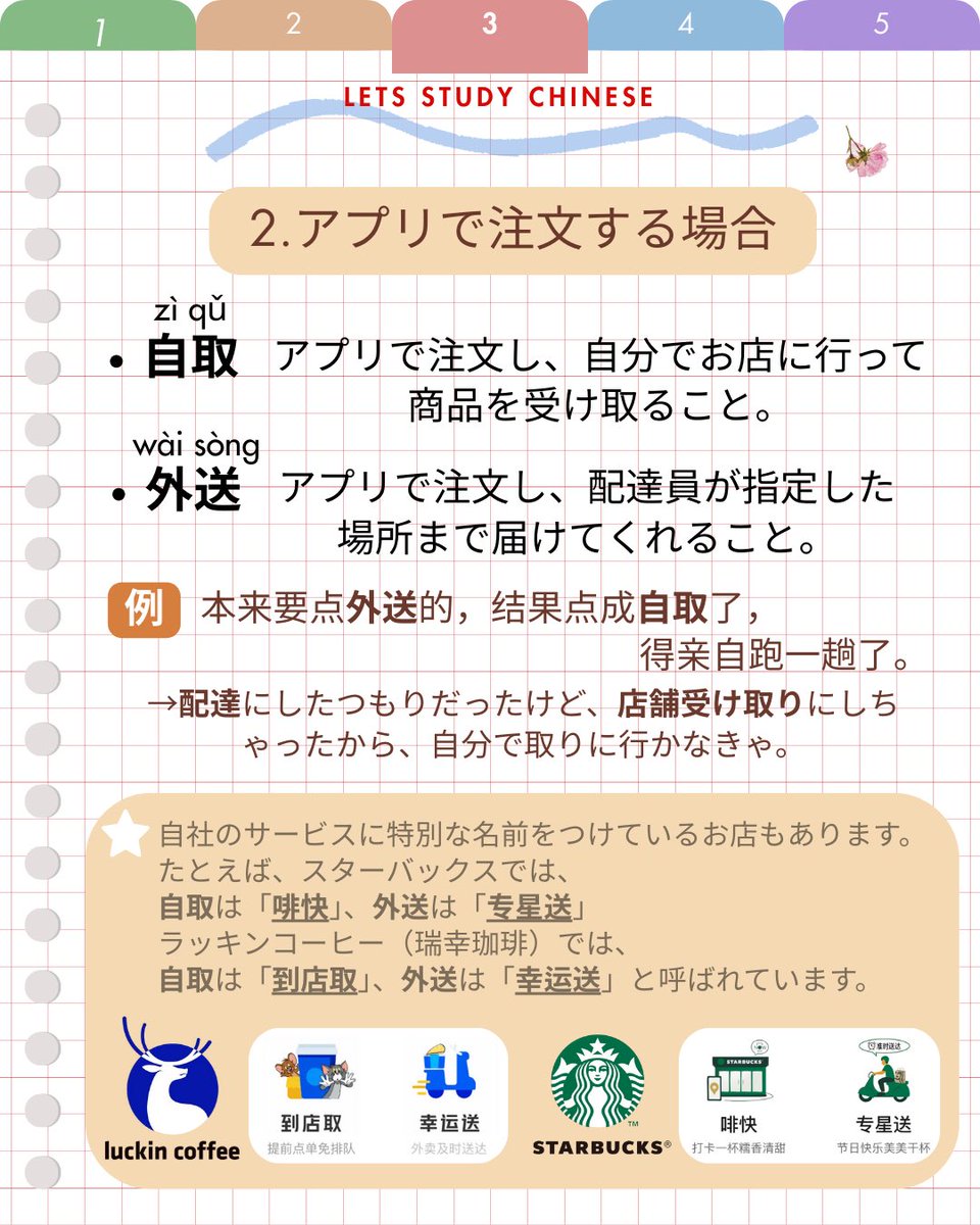 BJSA_beijing's tweet photo. 中国語講座 【コーヒーショップ編】 ☕️
今回は中国語でコーヒーを注文する時に使える単語や関連用語を紹介します!
コーヒーを注文する時は以下のポイントを覚えておけば簡単!
✔ サイズ
✔ 氷・甘さ
✔ テイクアウト or 店内
#BJSA #中国語 #中国語学習 #中国留学 #コーヒースタンド https://t.co/S4z7pUHlfI