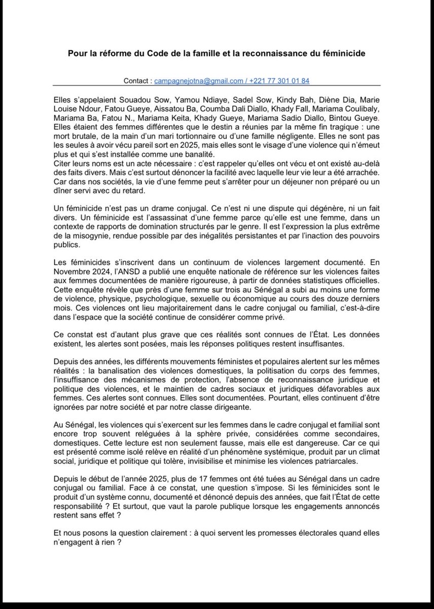 autruicomoi's tweet image. Tribune - En 2025, plus de 17 femmes ont été tuées au Sénégal dans un cadre conjugal ou familial. Les féminicides sont le produit d’un système connu, documenté et dénoncé depuis des années. Rejoignez notre campagne « Luy Jot Jotna » pour les droits inaliénables des femmes.