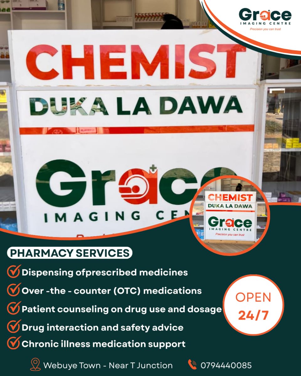 Graceimagi92521's tweet image. Dawa bora, huduma ya haraka. Tembelea Duka la Dawa la Grace Imaging Center &amp;amp; Hospital, Webuye karibu na T-Junction
#GraceImagingCenter 
#PharmacyServices 
#Webuye 
#BungomaCounty
#YourHealthMatters
