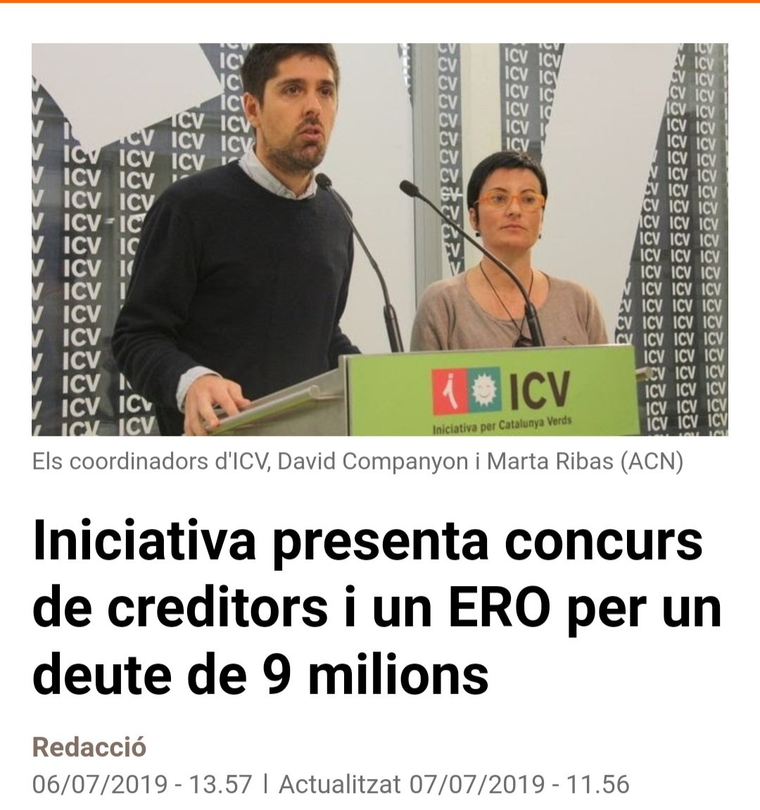 El 2019 ICV vam fer fallida i ens vam dissoldre. Els coordinadors del partit eren en David Cid i Marta Ribas. Com a premi per aquesta incompetència en David Cid està col·locat al Parlament (80.000€/any) i Marta Ribas col·locada com a consellera a RTVE (125.000€/any) #NOESPOT