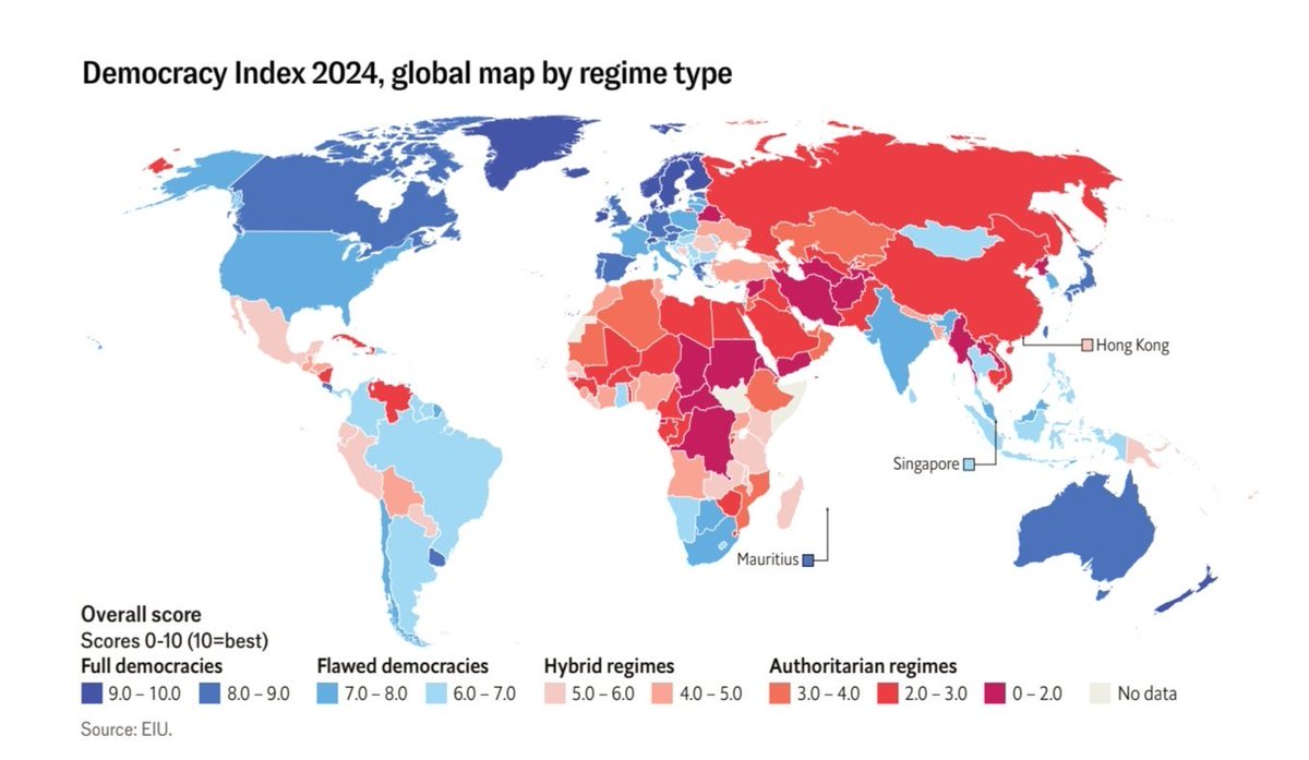 Democracy Index 2024

1. Norway🇳🇴
2. New Zealand🇳🇿
3. Sweden🇸🇪
4. Iceland🇮🇸
5. Switzerland🇨🇭
6. Finland🇫🇮
7. Denmark🇩🇰
8. Ireland🇮🇪
9. Netherlands🇳🇱
10. Luxembourg🇱🇺
11. Australia🇦🇺
12. Taiwan🇹🇼
13. Germany🇩🇪
14. Canada🇨🇦
15. Uruguay🇺🇾
16. Japan🇯🇵
17. UK🇬🇧
18. Costa Rica🇨🇷
19.