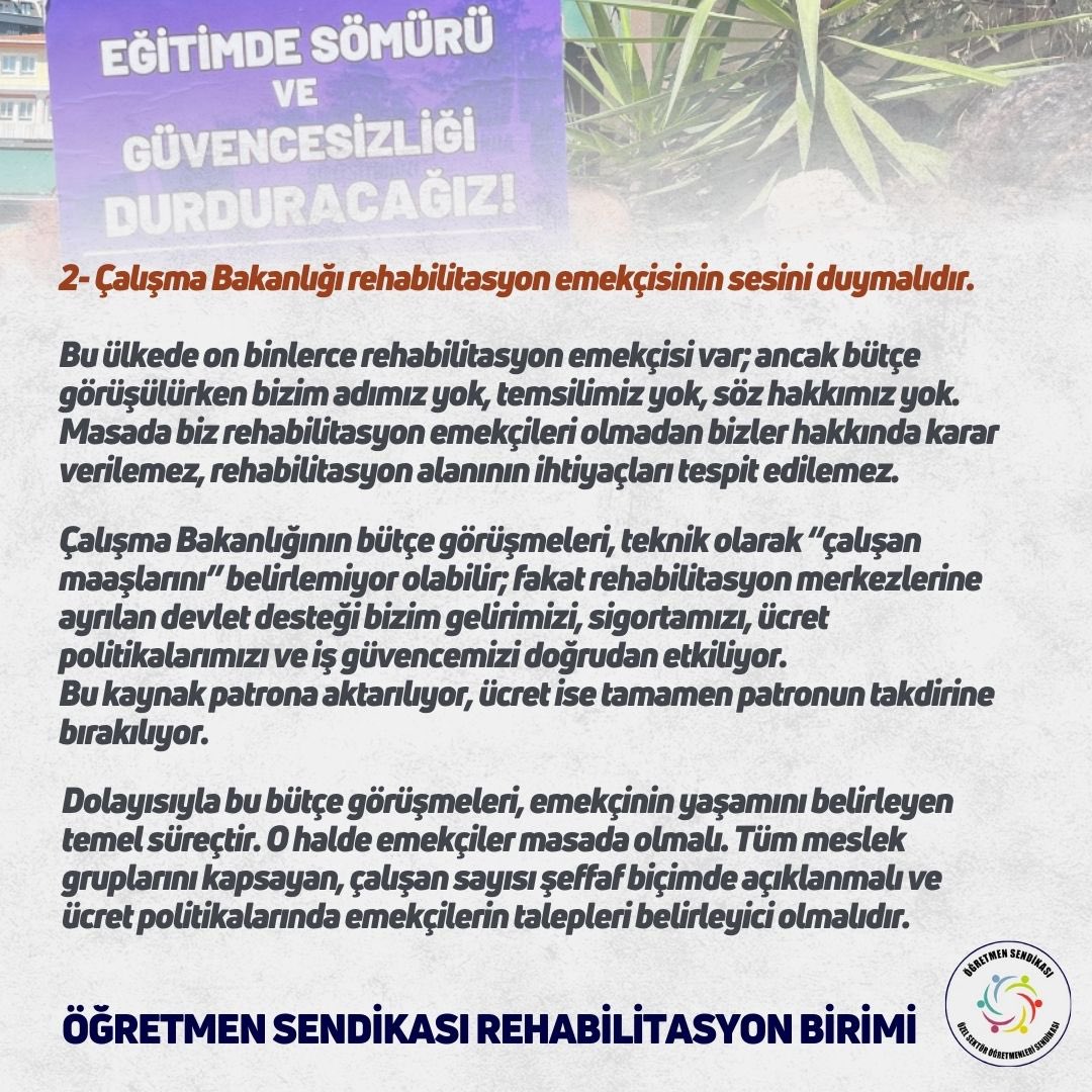 Bütçe Emekçiyi Etkiliyorsa Emekçi Masada Olmalıdır! 

Rehabilitasyon alanında çalışan biz emekçiler; özel eğitim öğretmenleri, fizyoterapistler, psikologlar, çocuk gelişimciler, dil ve konuşma terapistleri, odyologlar, rehber öğretmenler, okul öncesi öğretmenleri, sınıf