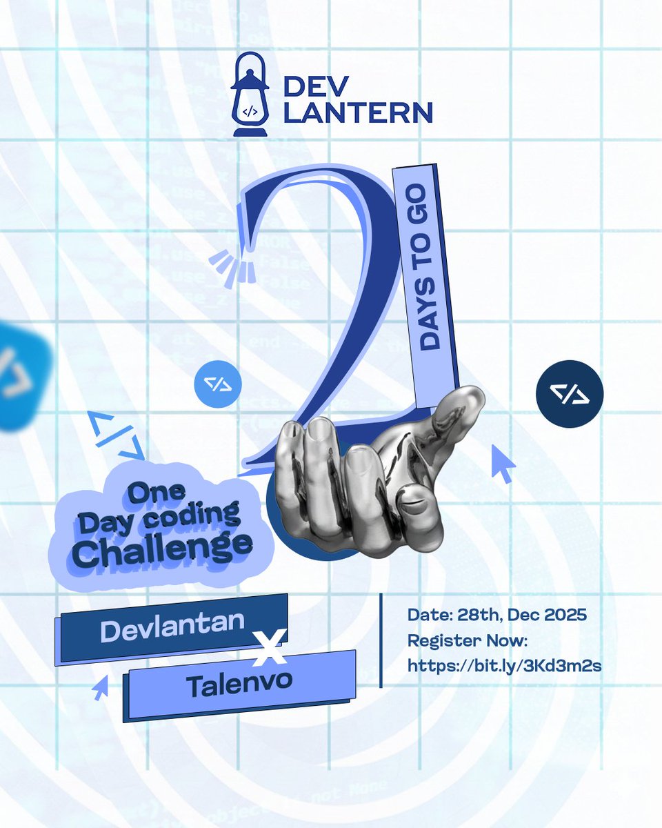 It's 2days to go!

Have your coding game on? Secure your spot with the link below 
bit.ly/3Kd3m2s

Lots of cash prizes to be won, thanks to <a href="/dev_lantern/">Dev Lantern Community</a> x <a href="/talenvo/">Talenvo</a>