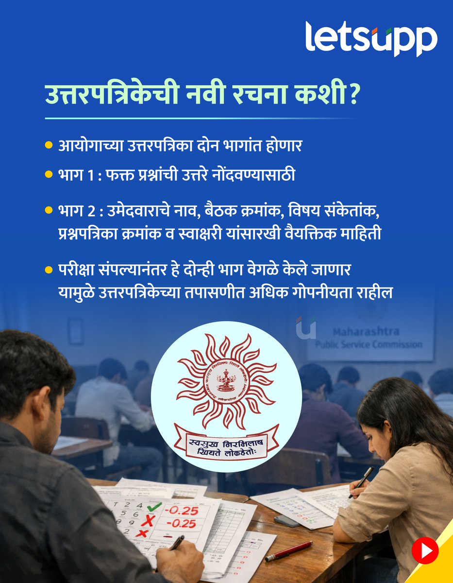 LetsUppMarathi's tweet photo. महाराष्ट्र लोकसेवा आयोगाने आपल्या बहुपर्यायी परीक्षांसाठी उत्तरपत्रिकेत मोठे बदल जाहीर केले आहेत. हे नवे नियम 1 मार्च 2026 पासून लागू होणार आहेत.
.
#MPSCUpdate #MPSC2026 #NewExamRules #MPSCStrategy #MaharashtraGovernment #CompetitiveExams #OMRSheetChange #MPSCStudent https://t.co/K8kMm7lmTt