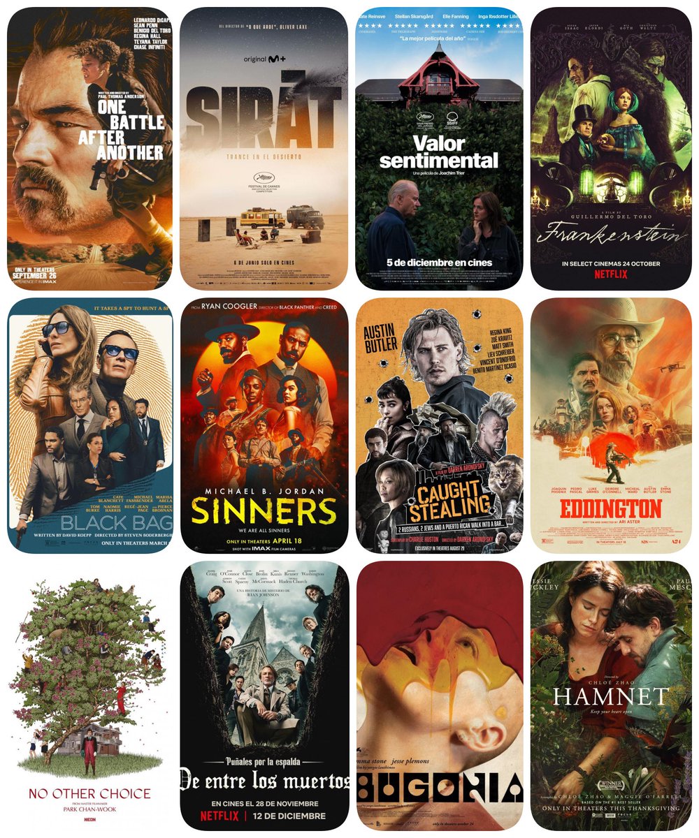 carvimac's tweet photo. Mi top de películas favoritas de 2025. Incluyo “No other choice” de Park Chan-wook y “Hamnet” de Chloe Zhao, todavía no estrenadas, porque se a ciencia cierta que van a estar ahí. Mención honorífica para “F1” y me queda la duda de “Marty Supreme”. Conclusión, un buen año de cine! https://t.co/zCZEYAW6mT