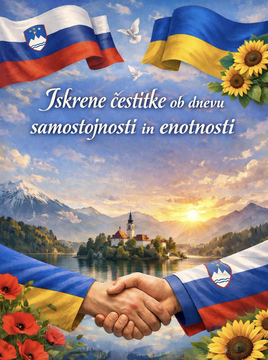 drustvo_razom's tweet image. Dragi slovenski prijatelji!

Iskrene čestitke ob dnevu enotnosti in samostojnosti!

Naj vas ta praznik spominja na moč skupnosti, pogum in odločnost, ki so oblikovali vašo državo.

Želimo vam mir, blaginjo ter uspešno prihodnost Slovenije.