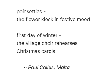 CallusPaul's tweet image. Editor Susan Beth Furst has once again gifted us with a beautiful Christmas issue. Please click on the link to read it all. 

wordonthestreethaiku.wordpress.com/2025/12/24/wor…