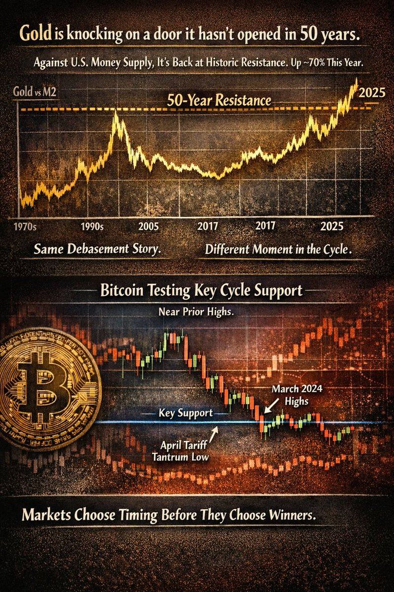 MondirMouatari1's tweet photo. Gold is knocking on a door it hasn’t opened in 50 years.

Against U.S. money supply, it’s back at historic resistance.
Up ~70% this year.

#Bitcoin, meanwhile, is testing a key cycle support near prior highs.

Same debasement story.
Different moment in the cycle.

Markets choose timing before they choose winners.