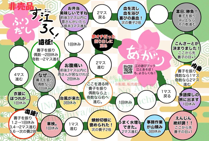 もういくつ寝るとお正月なので、今年も江ちゃんすごろくと桑名江ふくわらい置いとくね!
常識と良心に背かない範囲内で印刷してお楽しみくださいw

※"江とあそぼ!"は完売いたしました。再販予定はありません。

※富田江実装以前の作品です。そんなこともあろうかと白紙のコマをご用意してありますw 
