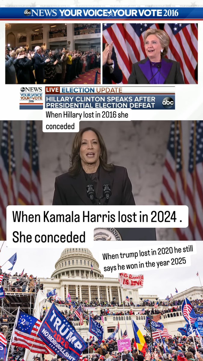 When <a href="/HillaryClinton/">Hillary Clinton</a> and <a href="/KamalaHarris/">Kamala Harris</a> lost they conceded in 2016 and 2024 . When trump lost in 2020 he still says he won in 2025 . Hillary and Kamala have more class than a manchild . #nevertrumper #antitrumpaf