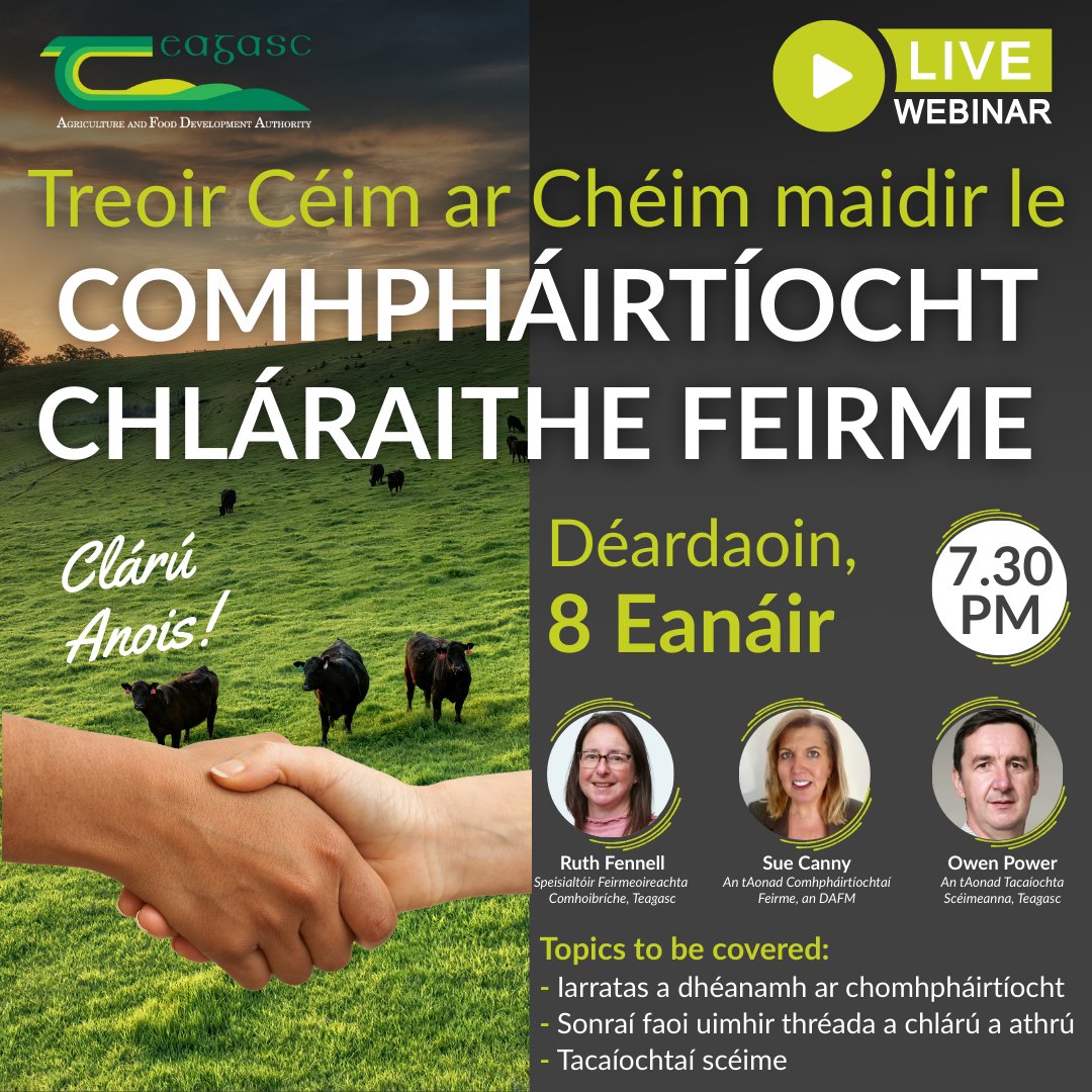 SEIMINEÁR GRÉASÁIN BEO Treoir Céim ar Chéim maidir le COMHPHÁIRTÍOCHT  CHLÁRAITHE FEIRME a Bhunú Déardaoin, an 8 Eanáir | 7:30 I.N. Cláraigh Anois  https://t.co/A22eelzdsP, image size:1080x1080
