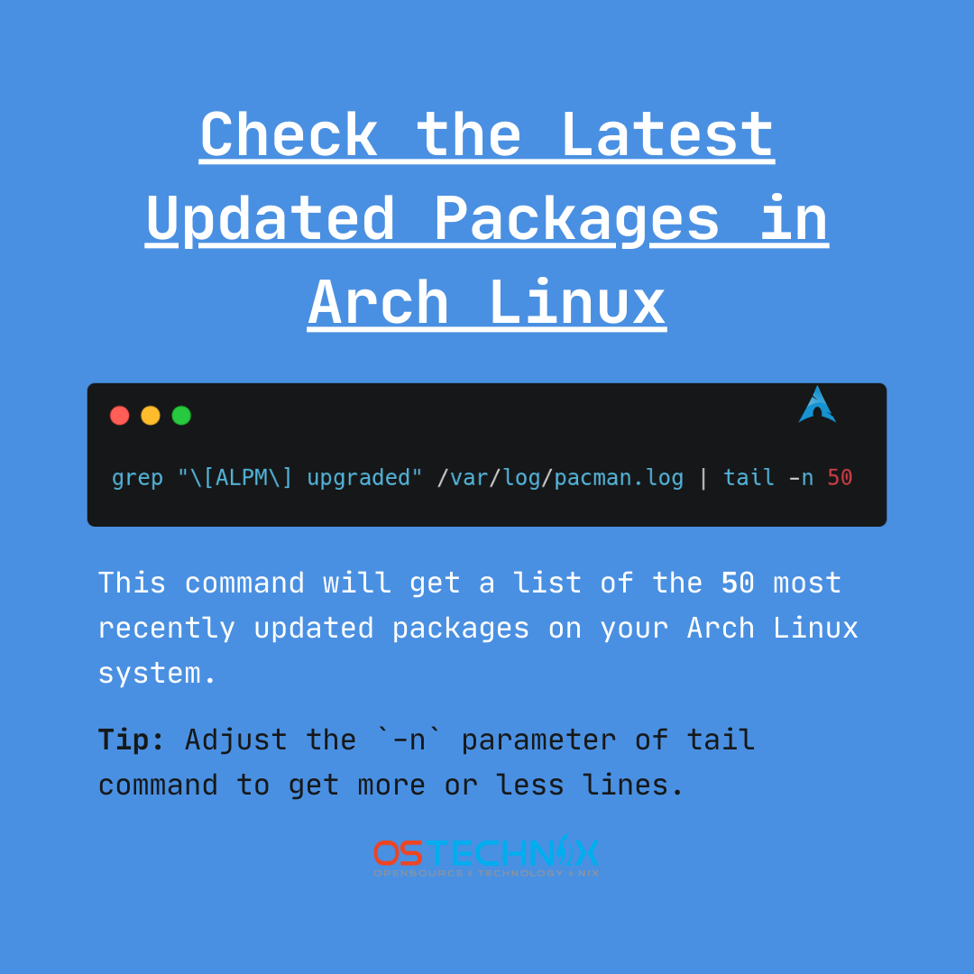 ostechnix's tweet image. Check the Latest Updated Packages in Arch Linux and its variants.

#Cheatsheet #Archlinux #Linux #Linuxcommands #PackageManagement #Linuxtips