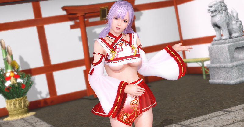 doax_vv_staff's tweet photo. 【ステップ6/6の有償限定10連ガチャでSSR１着確定！】

今週の『トレンドコーデガチャ』は、
SSR水着『おまいり紅梅』が新登場💖

前垂れにあしらわれた梅の花が雅でかわいい、お正月にピッタリな水着だよ💕

1/9(金) 11:59まで♪

#DOAXVV #ブイブイ