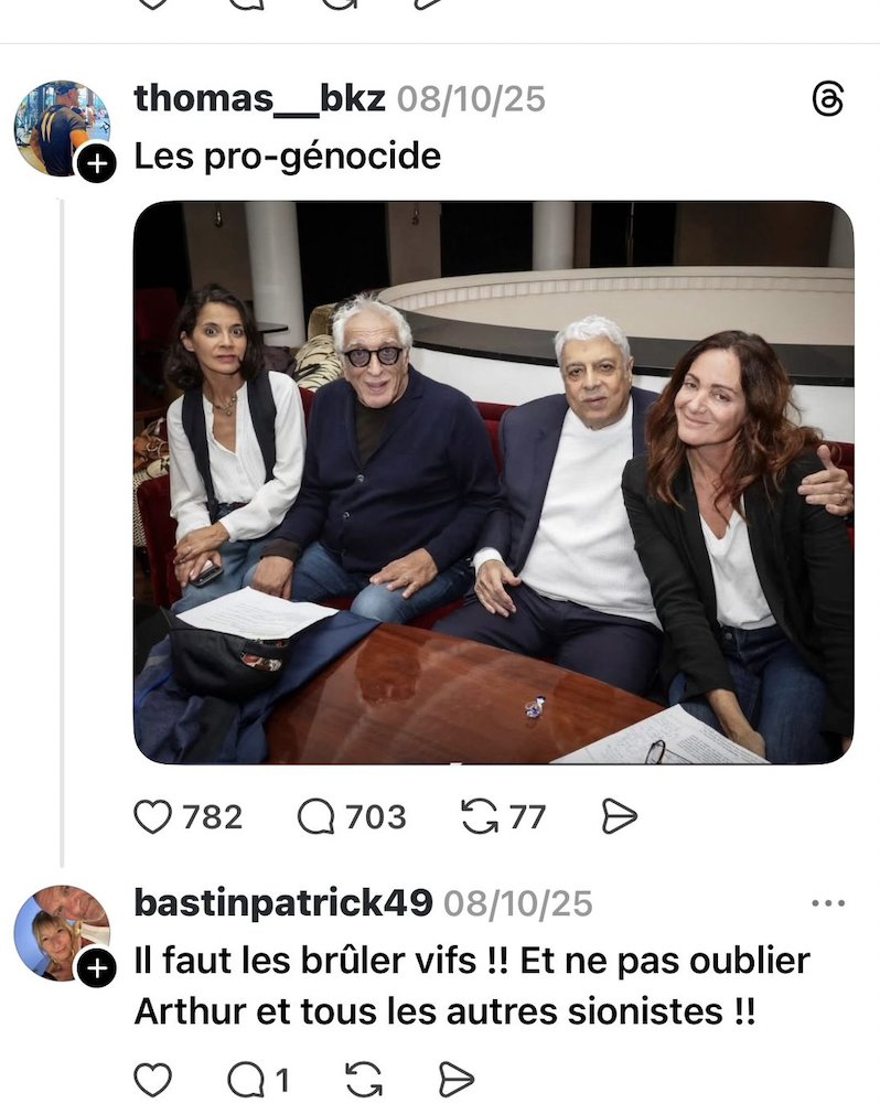 JCoupable's tweet image. 🚨 SIGNALEMENT ‼️

Patrick Bastin appelle publiquement à 
« brûler les Juifs » et fait l'apologie du terrorisme 
Sur Threads, il multiplie les publications appelant explicitement à la violence antisémite.
@NunezLaurent   @policefederale @_LICRA_  @Le_CRIF  @Arthur_Officiel 
⬇️