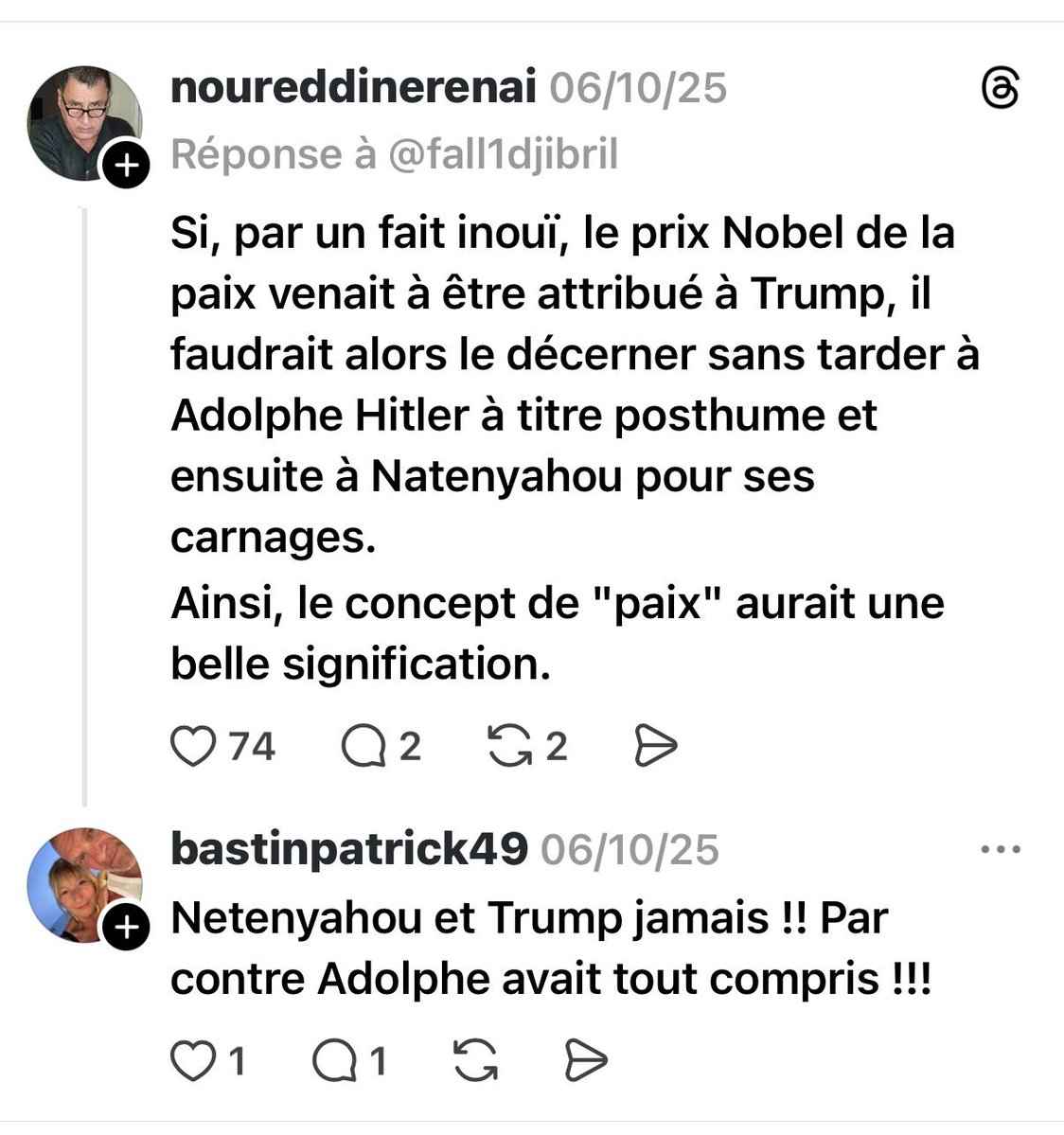 JCoupable's tweet image. 🚨 SIGNALEMENT ‼️

Patrick Bastin appelle publiquement à 
« brûler les Juifs » et fait l'apologie du terrorisme 
Sur Threads, il multiplie les publications appelant explicitement à la violence antisémite.
@NunezLaurent   @policefederale @_LICRA_  @Le_CRIF  @Arthur_Officiel 
⬇️