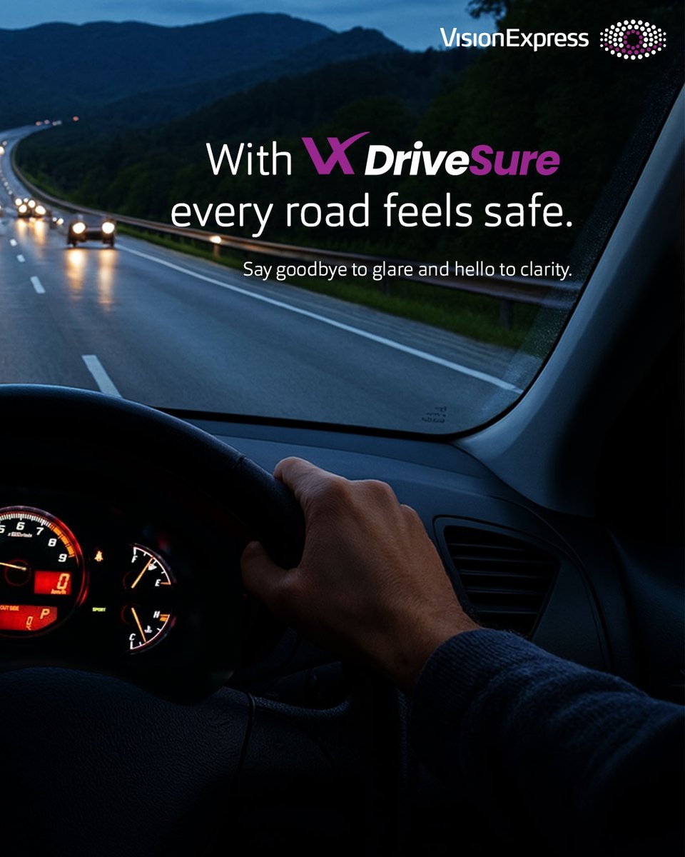 Visionexpressin's tweet image. Is night glare putting you on edge?
Ditch the squinting! DriveSure is the confidence boost your eyes need for crystal-clear, safe driving every single night.

Visit our nearest store today.

#VisionExpress #DriveSure #NightDriving #GlareFree #NightVision #SeeTheDifference