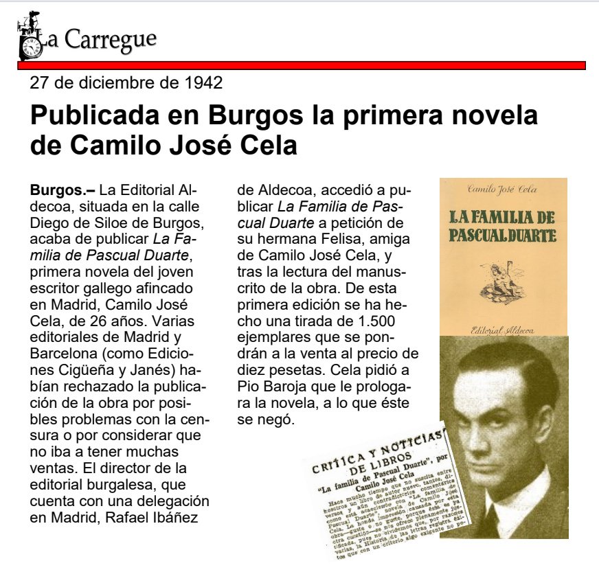 Noticias de diciembre de 1942. Publicada en Burgos la primera novela de Camilo José Cela