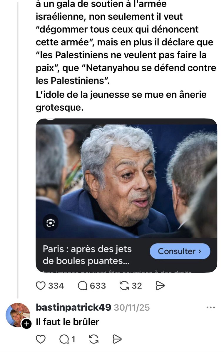 JCoupable's tweet image. 🚨 SIGNALEMENT ‼️

Patrick Bastin appelle publiquement à 
« brûler les Juifs » et fait l'apologie du terrorisme 
Sur Threads, il multiplie les publications appelant explicitement à la violence antisémite.
@NunezLaurent   @policefederale @_LICRA_  @Le_CRIF  @Arthur_Officiel 
⬇️