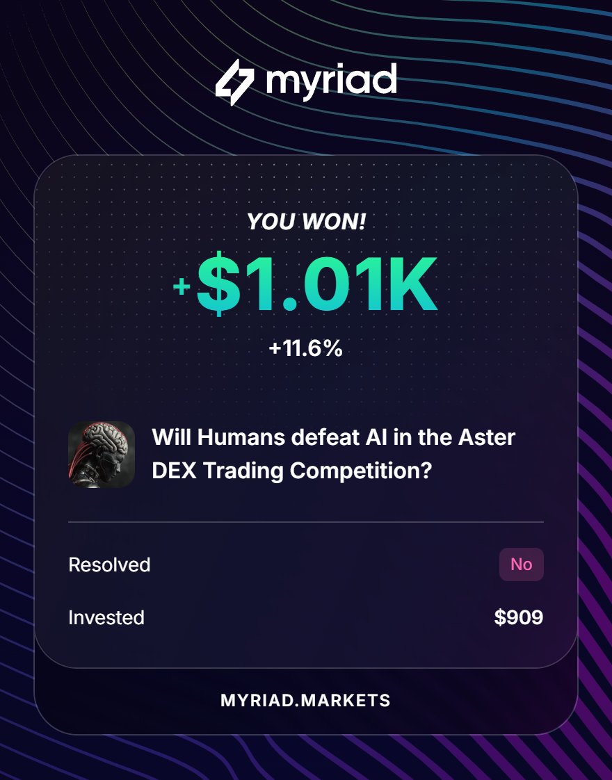 R3DuX_7's tweet photo. We humans are doomed as species 😂
@Aster_DEX  AI vs Human trading competition humans needed to  have just have 0 PNL to win this against AI but couldn't do it but I won betting against my own kind on @MyriadMarkets 😂 https://t.co/LowRRmkuWH