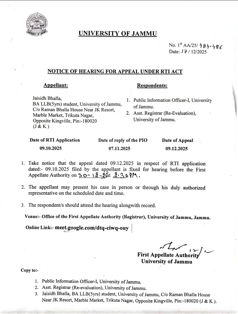How was an RSS rally allowed on the secular campus of Jammu University? Did they have permission? And who was the official who granted them permission ? on what grounds ? I had asked for the answer to this question through RTI three months ago than filed first appeal