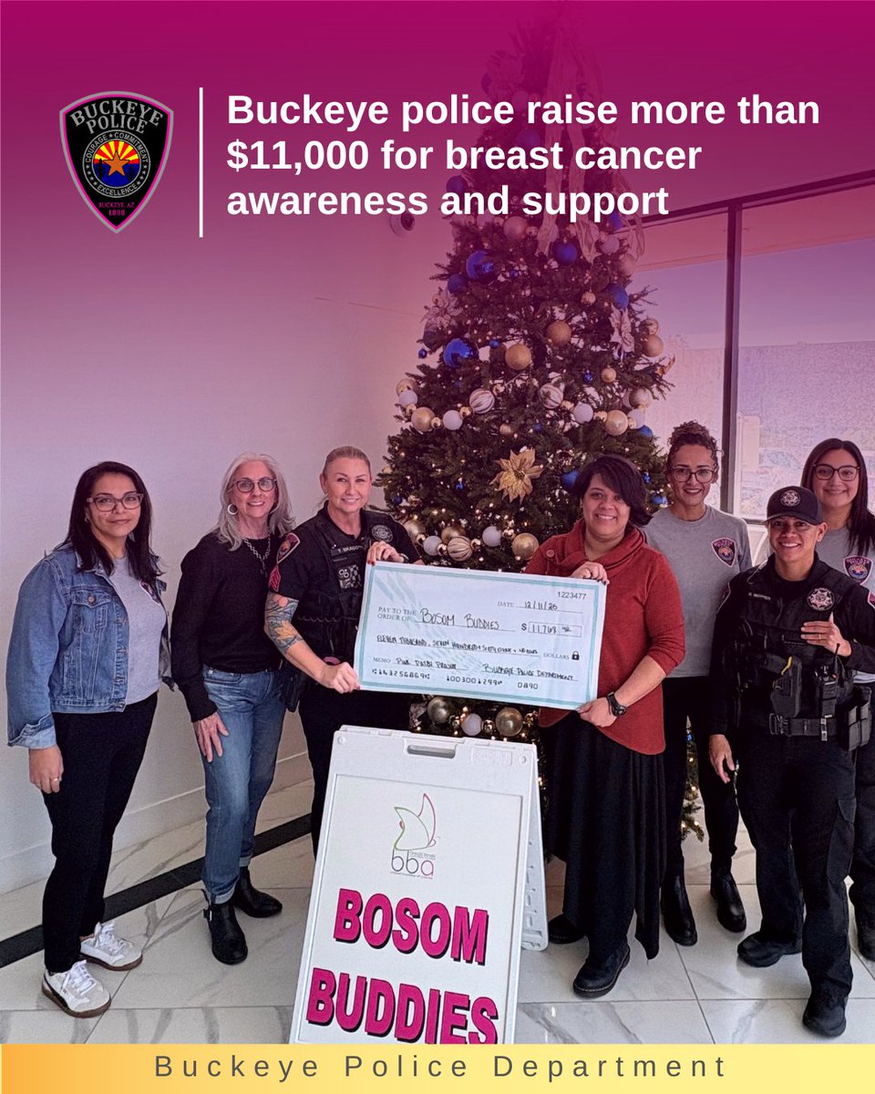 BPD raised $11,768 during the 2025 Pink Patch Project, the largest amount ever raised by the department. Buckeye police delivered a check to Bosom Buddies of Arizona, a nonprofit providing breast cancer support, education and advocacy. More info: loom.ly/8Ve8rX0