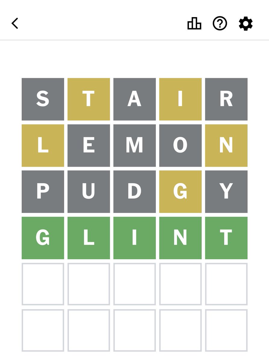 rudy_betrayed's tweet image. I’ve cracked wordle

If you play STAIR, LEMON, then PUDGY you optimize your letter usage among 15 of the most common letters with no repeats 

After that, you always have enough information to correctly guess the word on the fourth turn