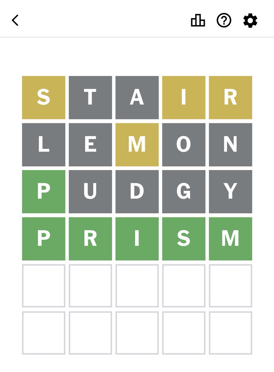 rudy_betrayed's tweet image. I’ve cracked wordle

If you play STAIR, LEMON, then PUDGY you optimize your letter usage among 15 of the most common letters with no repeats 

After that, you always have enough information to correctly guess the word on the fourth turn